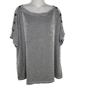 W5 Womens Top 2X Black White Striped Button Shoulder Boat Neck Short Sleeve Boxy